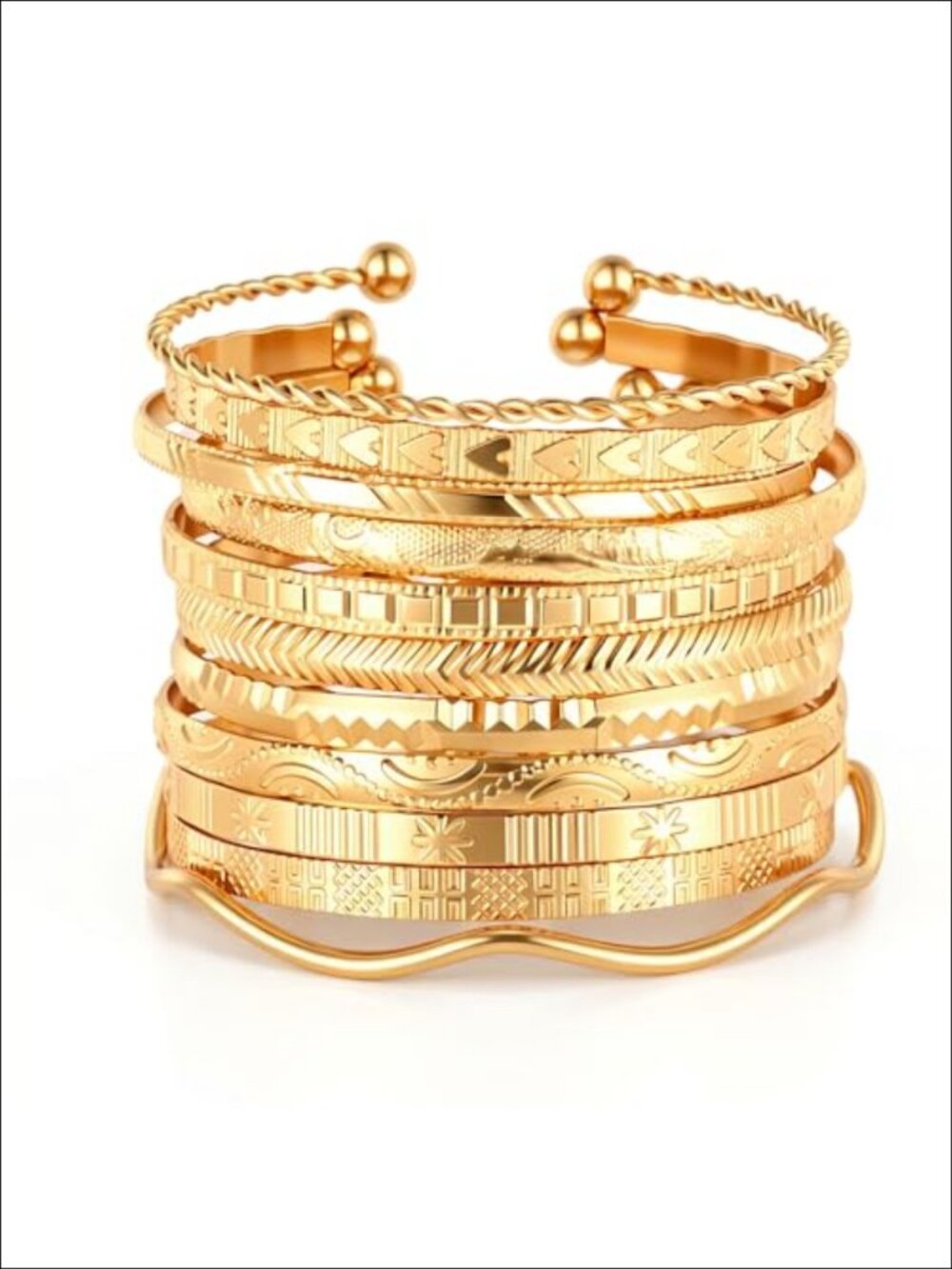 11 Pc Gold Alloy Adjustable Open Cuff Bangle Stacking Bracelet Set